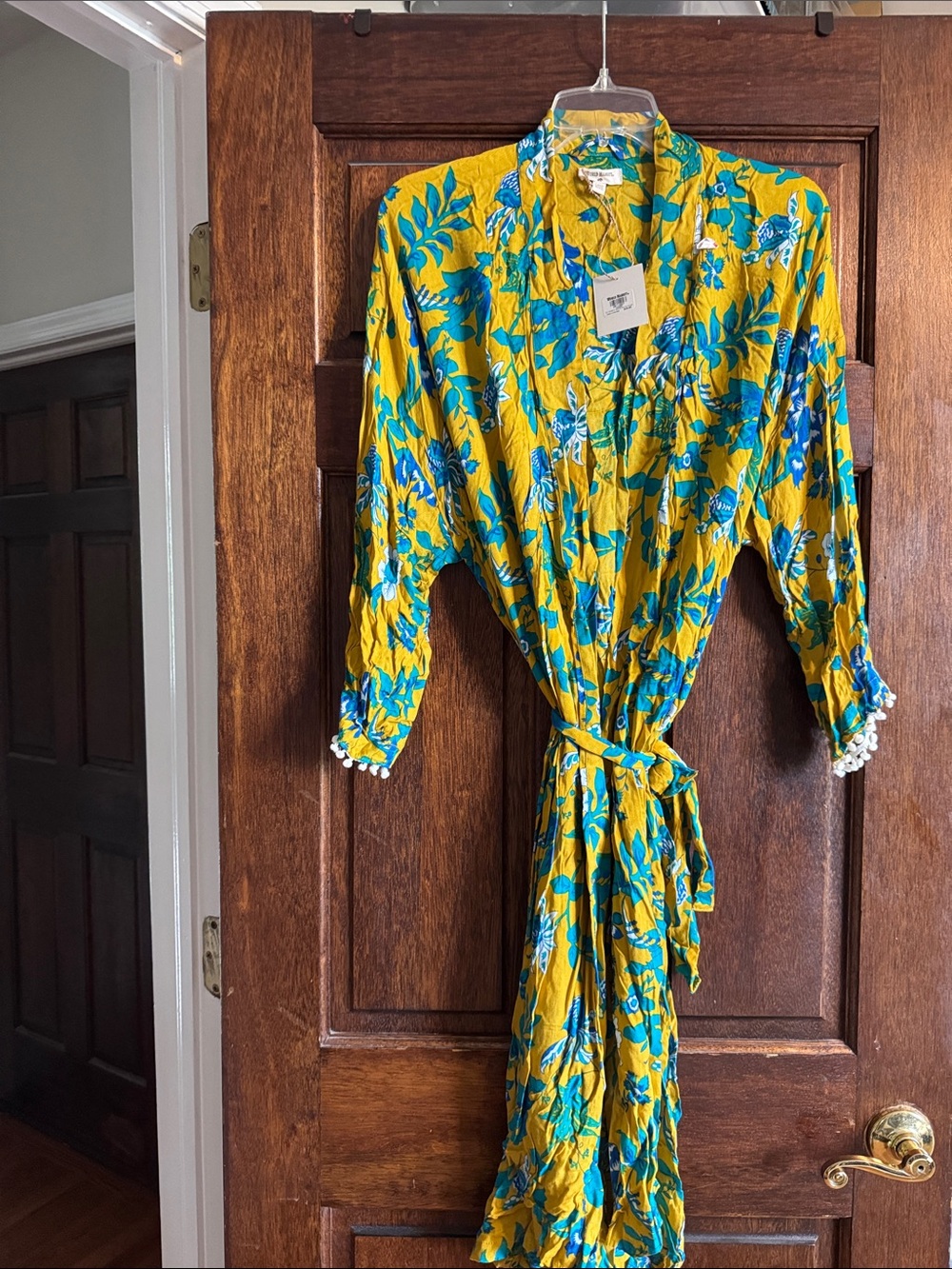 MWT- World Market Yellow Floral Kimono with Blue & Teal Leaves